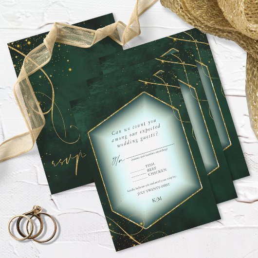 Fine Lines Gold Abstrakt Wedding Emerald ID867 RSVP Karte