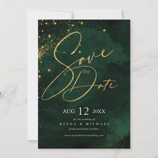 Fine Lines Gold Abstrakt Wedding Emerald ID867 Save The Date (Vorderseite)
