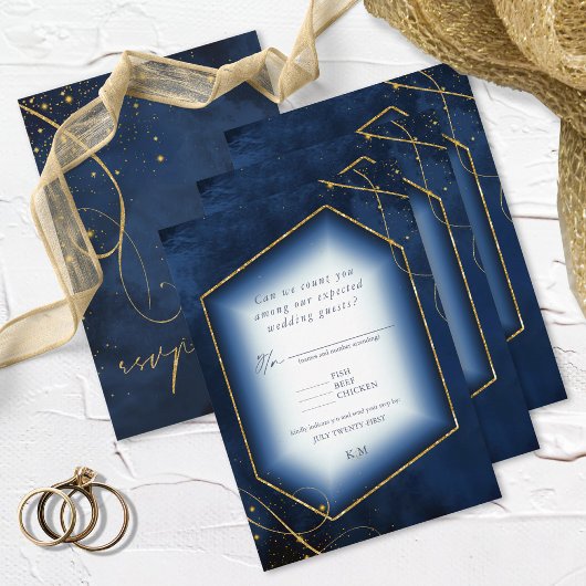 Fine Lines Gold Abstrakt Wedding Navy ID867 RSVP Karte