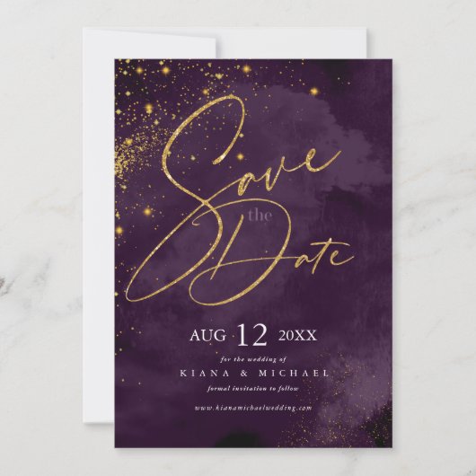 Fine Lines Gold Abstrakt Wedding Plum ID867 Save The Date (Vorderseite)