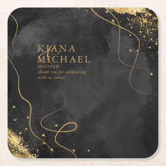 Fine Lines Gold Abstrakt Wedding V1 Black ID867 Rechteckiger Pappuntersetzer (Vorderseite)