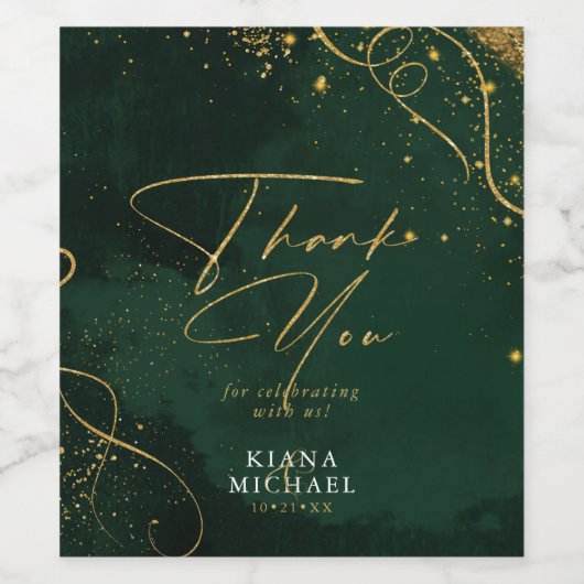 Fine Lines Gold Abstrakt Wedding V1 Emerald ID867 Weinetikett (Einzelnes Label)