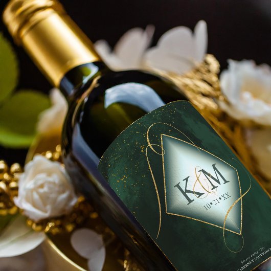 Fine Lines Gold Abstrakt Wedding V2 Emerald ID867 Weinetikett