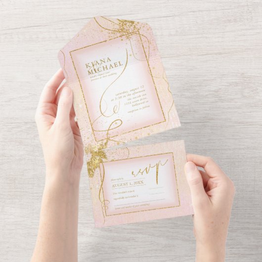 Fine Lines Gold Abstrakt Wedding V3 Blush ID867 All In One Einladung (Abreißen)