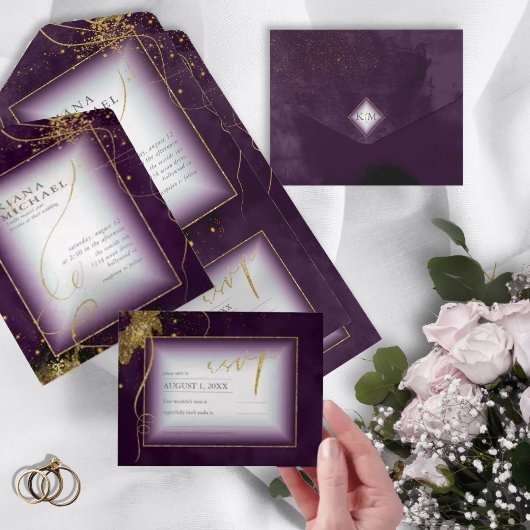Fine Lines Gold Abstrakt Wedding V3 Plum ID867 All In One Einladung