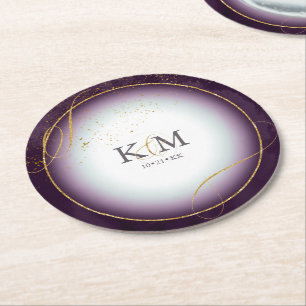 Fine Lines Gold Abstrakt Wedding V3 Plum ID867 Runder Pappuntersetzer