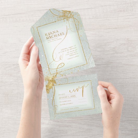 Fine Lines Gold Abstrakt Wedding V3 Sage ID867 All In One Einladung (Abreißen)