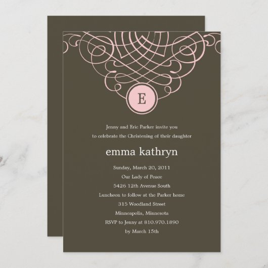 Fine Monogram Taufen/Christening Einladung (Vorne/Hinten)