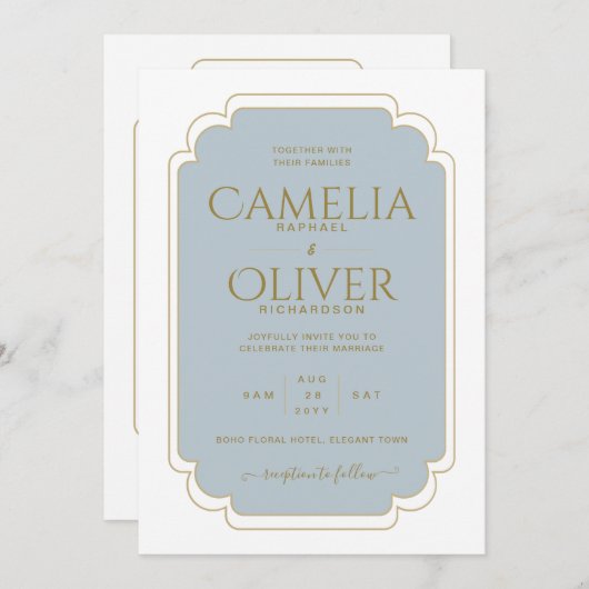 Finest Dusty Blue Gold MONOCHROME Wedding Einladung (Vorne/Hinten)