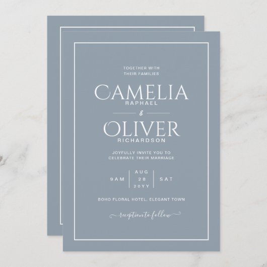 Finest Dusty Blue MONOCHROME Wedding Einladung (Vorne/Hinten)