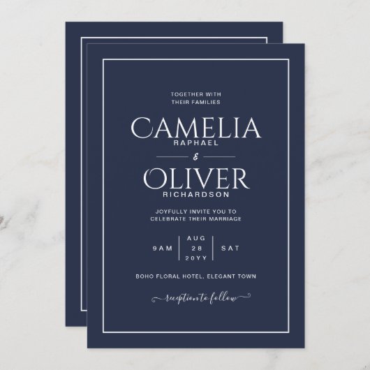 Finest Navy Blue White MONOCHROME Hochzeit Einladung (Vorne/Hinten)