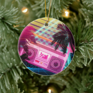Finke 80er rosa Boombox mit Palmen Keramik Ornament