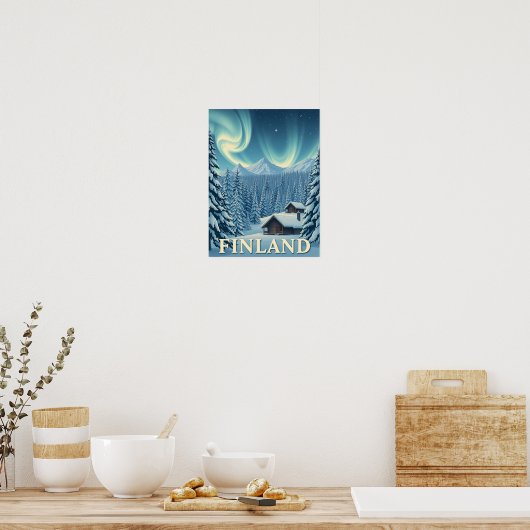Finland Northern Lights Winter Cabin Poster Print (Küche)
