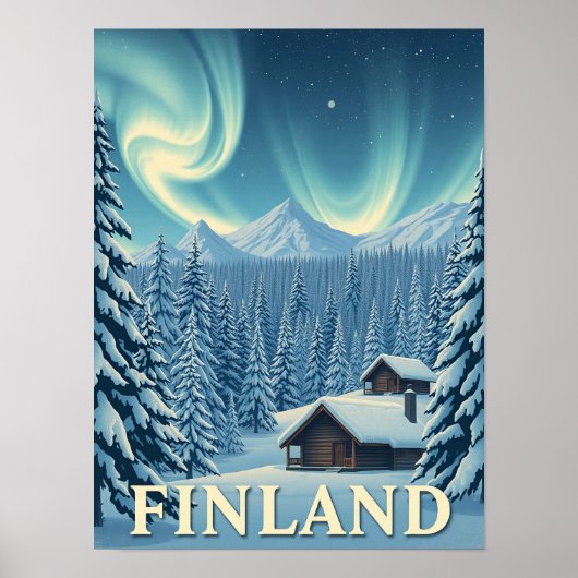 Finland Northern Lights Winter Cabin Poster Print (Vorne)