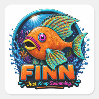Finn der Delfin – „Reite die Wellen des Staunens“  Quadratischer Aufkleber