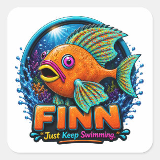 Finn der Fisch – „Reite auf den Wellen des Staunen Quadratischer Aufkleber