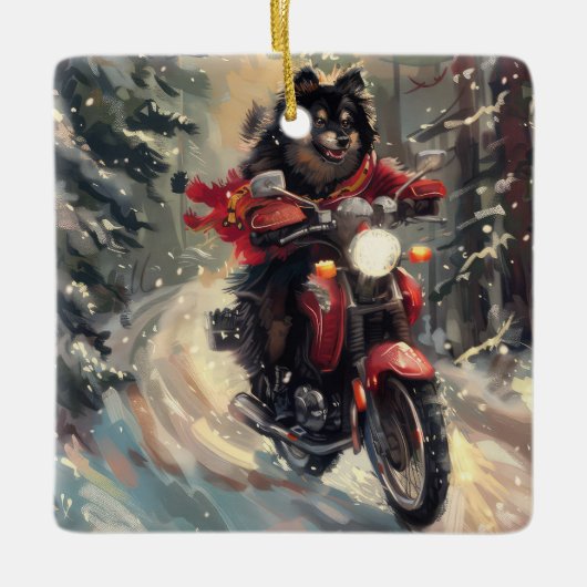 Finnisch Lapphund Dog Riding Motorrad Weihnachten Keramikornament (Vorderseite)