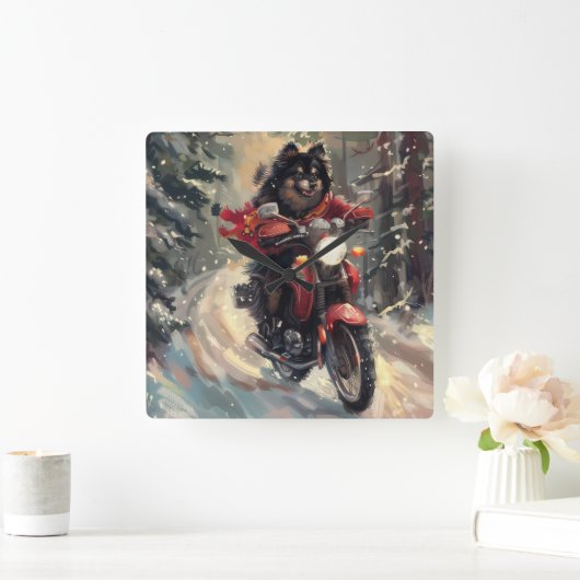 Finnisch Lapphund Dog Riding Motorrad Weihnachten Quadratische Wanduhr (Zuhause)