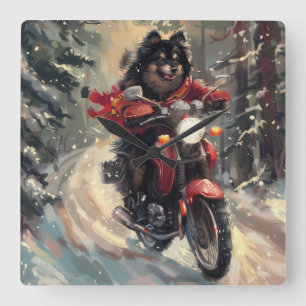 Finnisch Lapphund Dog Riding Motorrad Weihnachten Quadratische Wanduhr