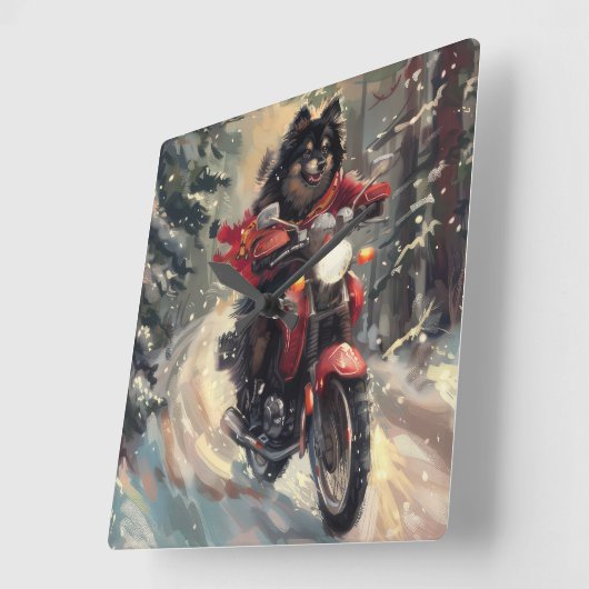 Finnisch Lapphund Dog Riding Motorrad Weihnachten Quadratische Wanduhr (Winkel)