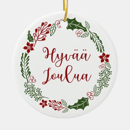 Finnischer froher Weihnachtskranz, Hyvää joulua Keramik Ornament (Vorne)