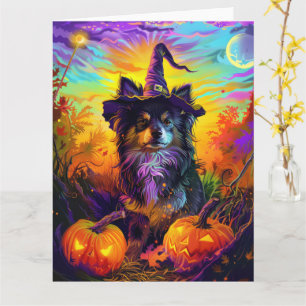Finnischer Lapphund Hund Halloween Hexe und Kürbis Karte