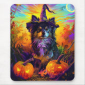 Finnischer Lapphund Hund Halloween Hexe und Kürbis Mousepad (Vorne)