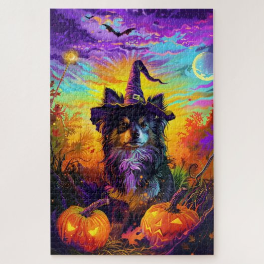 Finnischer Lapphund Hund Halloween Hexe und Kürbis Puzzle (Vertikal)