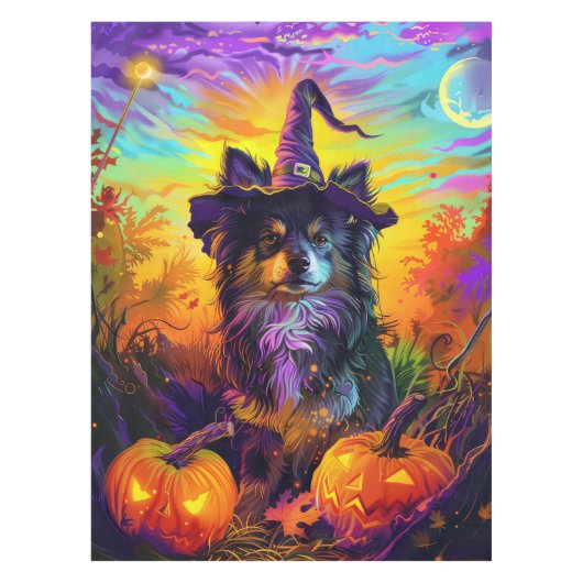 Finnischer Lapphund Hund Halloween Hexe und Kürbis Tischdecke (Vorderseite)