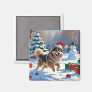 Finnischer Lapphund läuft durch Schnee mit Weihnac Magnet
