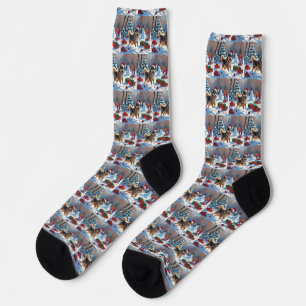 Finnischer Lapphund läuft durch Schnee mit Weihnac Socken