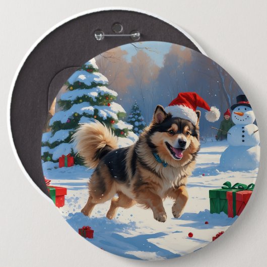 Finnischer Lapphund Running Snow mit Weihnachtshut Button (Vorne & Hinten)