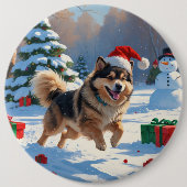 Finnischer Lapphund Running Snow mit Weihnachtshut Button (Vorderseite)
