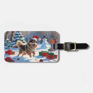 Finnischer Lapphund Running Snow mit Weihnachtshut Gepäckanhänger