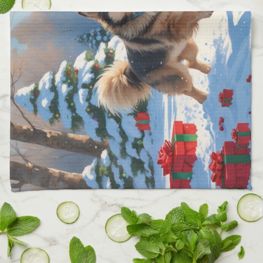 Finnischer Lapphund Running Snow mit Weihnachtshut Geschirrtuch (Gefaltet)