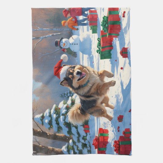 Finnischer Lapphund Running Snow mit Weihnachtshut Geschirrtuch (Vertikal)