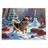 Finnischer Lapphund Running Snow mit Weihnachtshut Große Geschenktüte (Vorderseite)