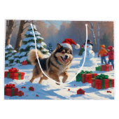 Finnischer Lapphund Running Snow mit Weihnachtshut Große Geschenktüte (Rückseite)