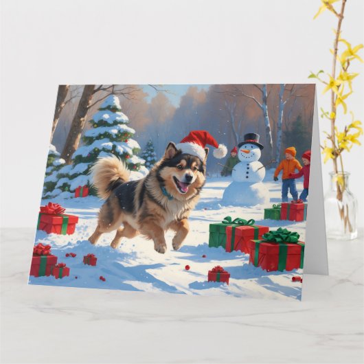 Finnischer Lapphund Running Snow mit Weihnachtshut Karte (Gelbe Blume)