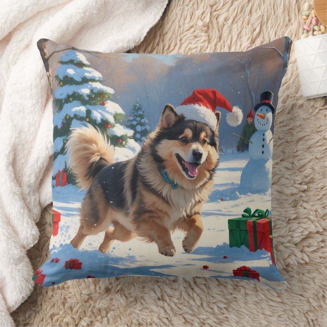 Finnischer Lapphund Running Snow mit Weihnachtshut Kissen (Decke)