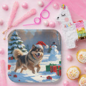 Finnischer Lapphund Running Snow mit Weihnachtshut Pappteller (Party)