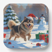 Finnischer Lapphund Running Snow mit Weihnachtshut Pappteller (Vorderseite)