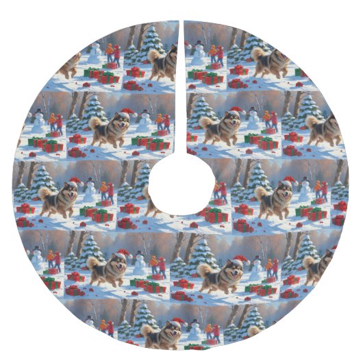 Finnischer Lapphund Running Snow mit Weihnachtshut Polyester Weihnachtsbaumdecke (Vorderseite)