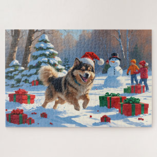 Finnischer Lapphund Running Snow mit Weihnachtshut Puzzle