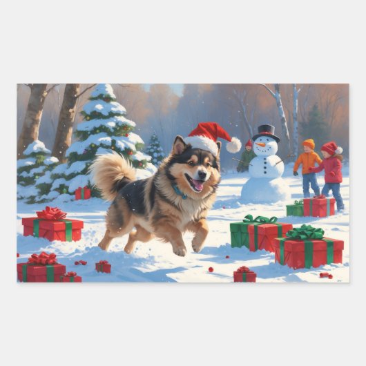 Finnischer Lapphund Running Snow mit Weihnachtshut Rechteckiger Aufkleber (Vorderseite)