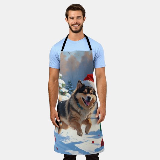 Finnischer Lapphund Running Snow mit Weihnachtshut Schürze (Getragen)