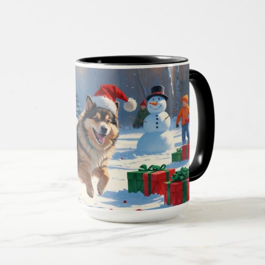 Finnischer Lapphund Running Snow mit Weihnachtshut Tasse (VorderseiteRechts)