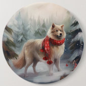 Finnischer Lappund Hund in Schnee Weihnachten Button (Vorderseite)