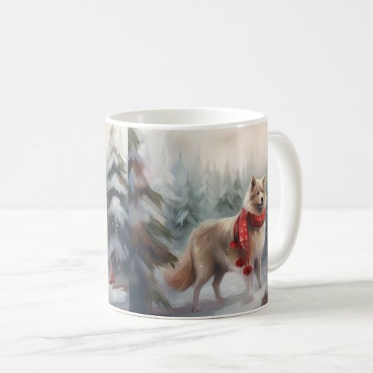 Finnischer Lappund Hund in Schnee Weihnachten Kaffeetasse (VorderseiteRechts)