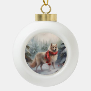 Finnischer Lappund Hund in Schnee Weihnachten Keramik Kugel-Ornament